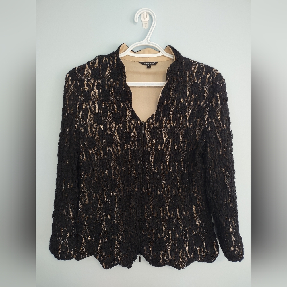Samuel Dong Women's Zip Up Jacket Top Textured Black/Cream Medium